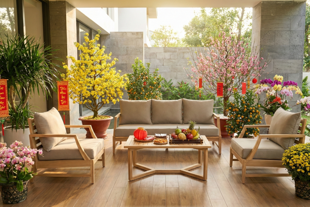 Decor Tết ngoài trời với lồng đèn đỏ, chậu hoa cúc và góc ngồi sân vườn đón Xuân.