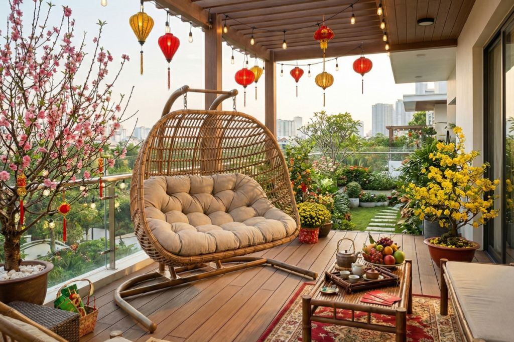 Bộ bàn ghế mây nhựa được bố trí hài hòa trên ban công ngày Tết