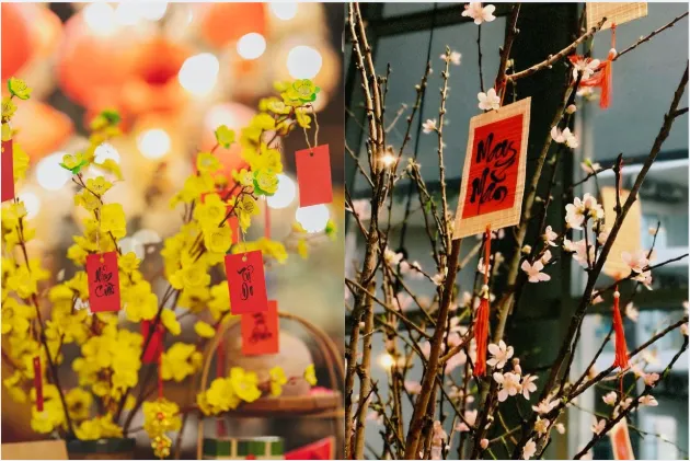 Cây mai và cây đào được trang trí kèm những câu đối đỏ bắt mắt