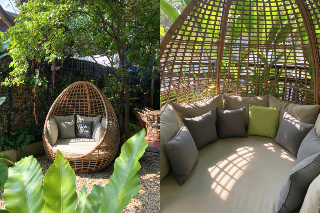 25+ Mẫu Ghế Lười Thư Giãn Cao Cấp Và Nơi Bán Uy Tín Bạn Nên Biết 4 Ghế lười tắm nắng dạng tổ chim đặt trong khu vườn xanh, khung đan chắc chắn kết hợp đệm mút dày tạo cảm giác thư giãn và dễ vệ sinh