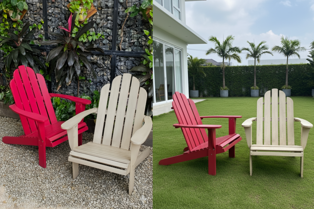 25+ Mẫu Ghế Lười Thư Giãn Cao Cấp Và Nơi Bán Uy Tín Bạn Nên Biết 3 Hai ghế Adirondack màu đỏ và kem đặt ngoài sân vườn, thiết kế ngả lưng thoải mái, phù hợp không gian hiên nhà và khu vực sử dụng thường xuyên