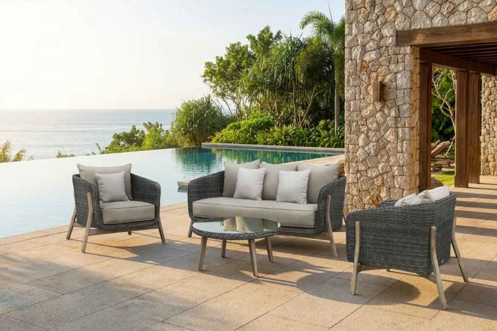 Bộ sofa mây nhựa đặt cạnh hồ bơi và biệt thự đá, kết hợp đệm sáng màu tạo cảm giác thư giãn và sang trọng