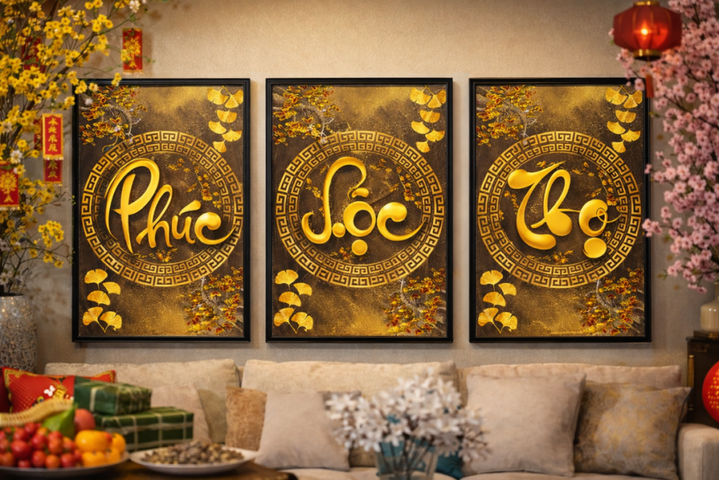 Quà tặng tân gia tranh mạ vàng phúc lộc thọ sang trọng