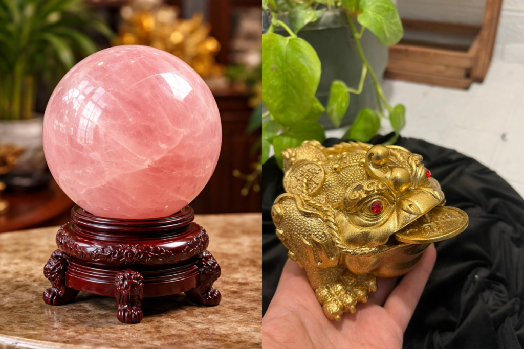 Quả cầu thạch anh hồng và tượng Thiềm thừ mạ vàng vật phẩm phong thủy may mắn.