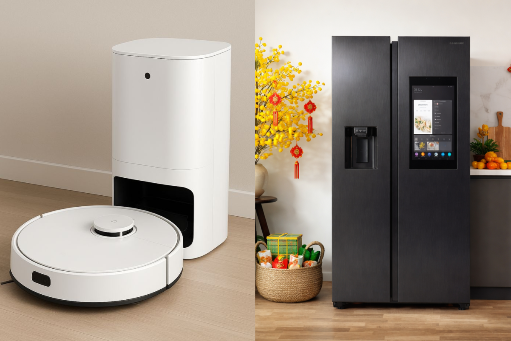 Robot hút bụi tự động và tủ lạnh thông minh Samsung Family Hub làm quà tặng Tết sang trọng.