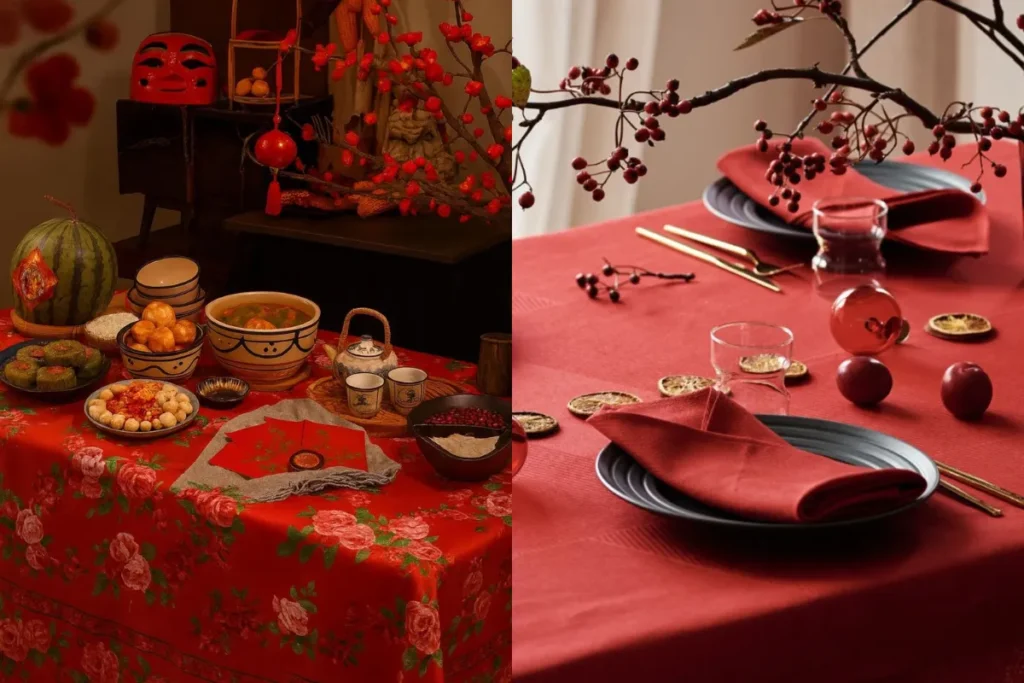 Khăn trải bàn ngày Tết với tông màu ấm và họa tiết nhẹ, giúp không gian trở nên sang trọng và ổn định hơn.