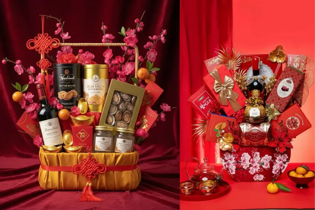 Giỏ quà Tết decor với sắc đỏ chủ đạo, bày biện gọn gàng và đầy đặn, tượng trưng cho sự sung túc và sum họp đầu năm.