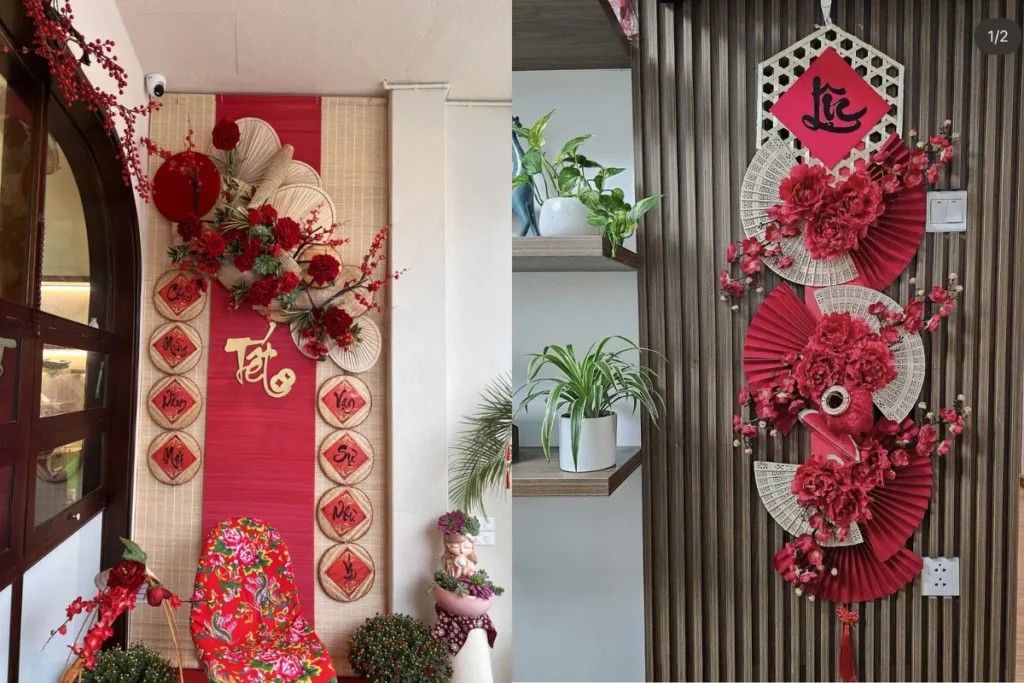 Phụ kiện trang trí khu vực cửa ra vào ngày Tết với tông đỏ ấm, bố cục gọn gàng giúp đón sinh khí và năng lượng tích cực.