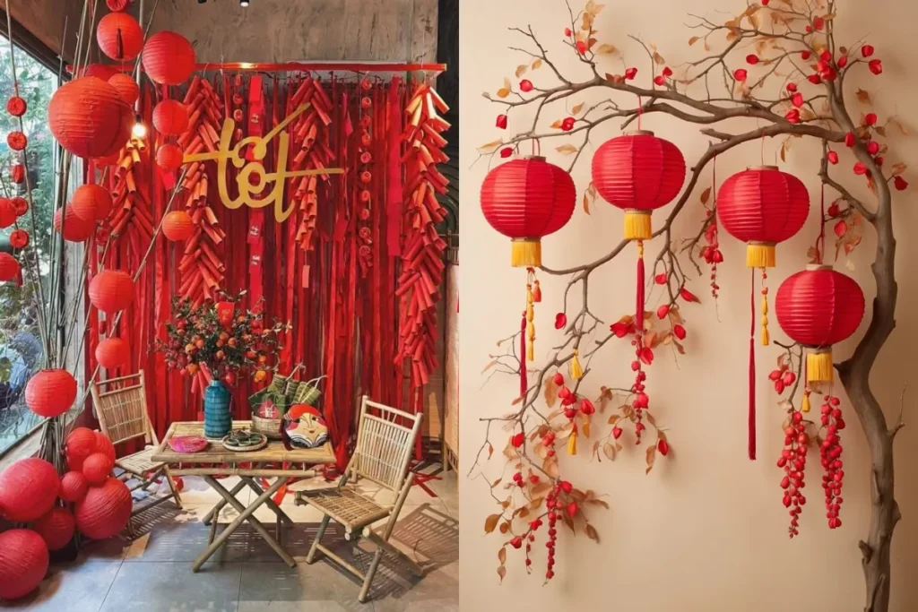 Đèn lồng đỏ trang trí ngày Tết với ánh sáng dịu, tạo cảm giác ấm áp và dẫn lối may mắn cho không gian đón xuân.