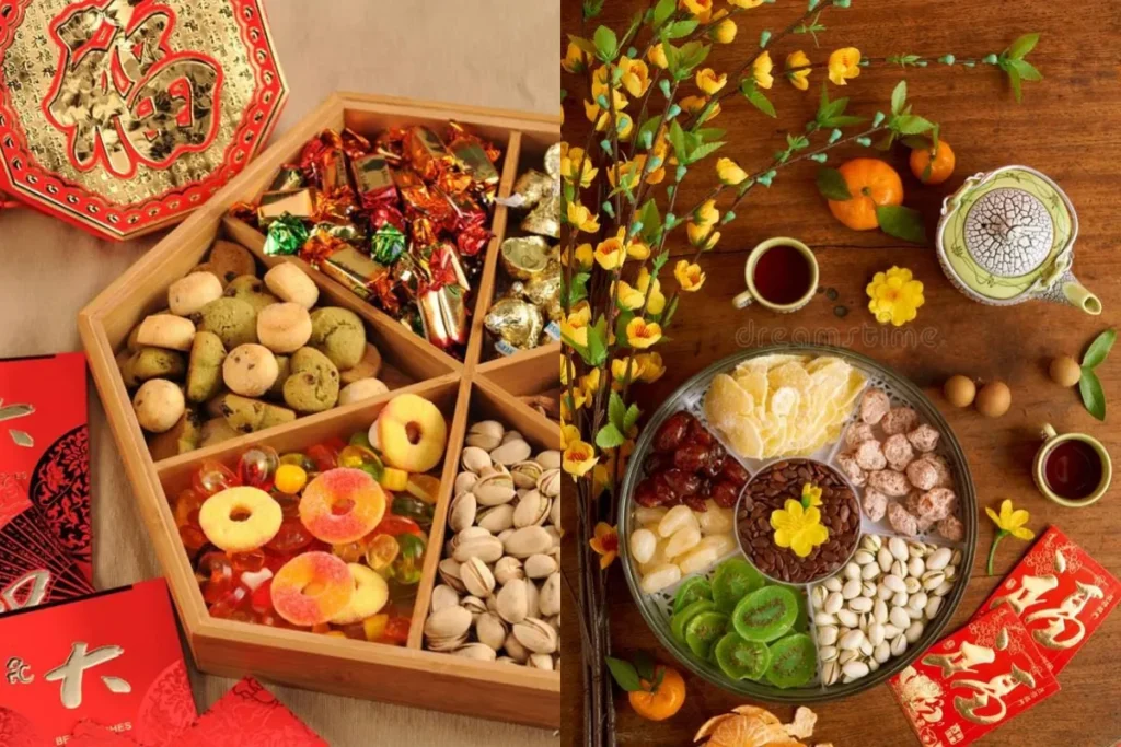 Khay trang trí bàn trà ngày Tết với bánh mứt và hạt khô, sắp xếp gọn gàng, tượng trưng cho sự đủ đầy và sum vầy.