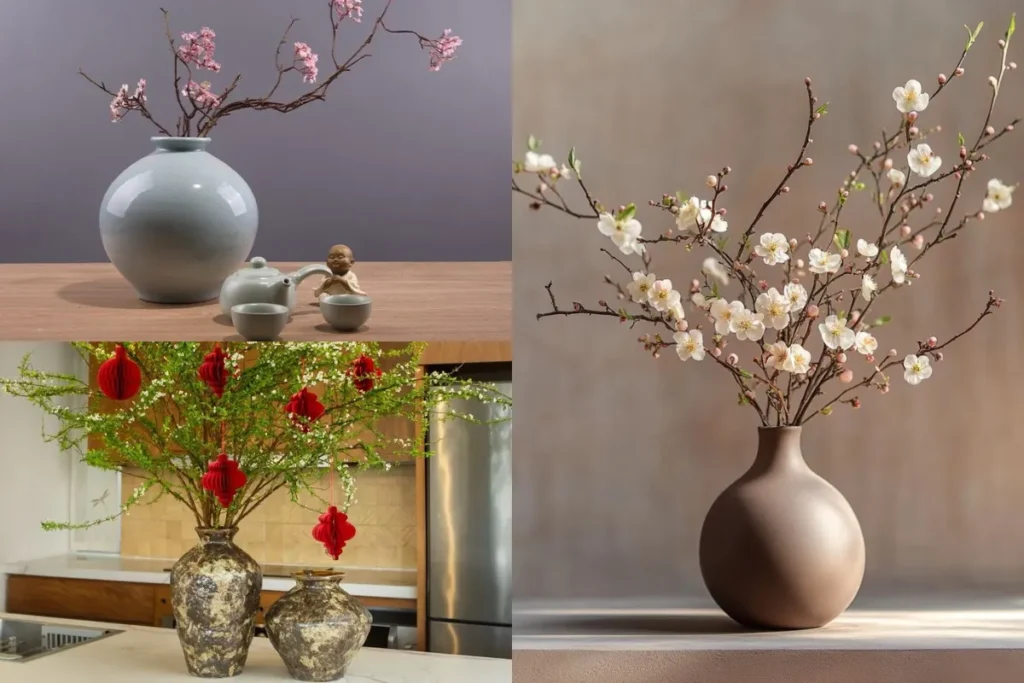 Bình hoa gốm tông màu trung tính kết hợp cành hoa nhẹ, tạo cảm giác cân bằng và ổn định cho không gian ngày Tết.