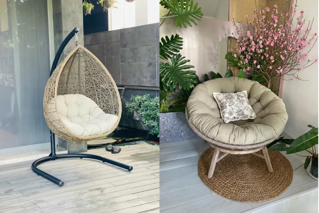 Ghế thư giãn và xích đu ngoài trời bằng mây nhựa cao cấp, thiết kế êm ái và tinh tế, đặt tại ban công hoặc sân vườn, tạo góc thư giãn sang trọng và riêng tư cho gia chủ.