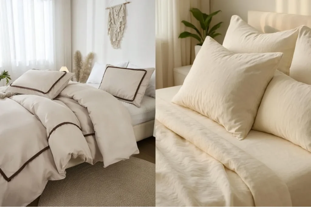 Bộ chăn ga gối đệm cao cấp với gam màu trung tính, tạo cảm giác êm ái và ấm áp cho không gian phòng ngủ.