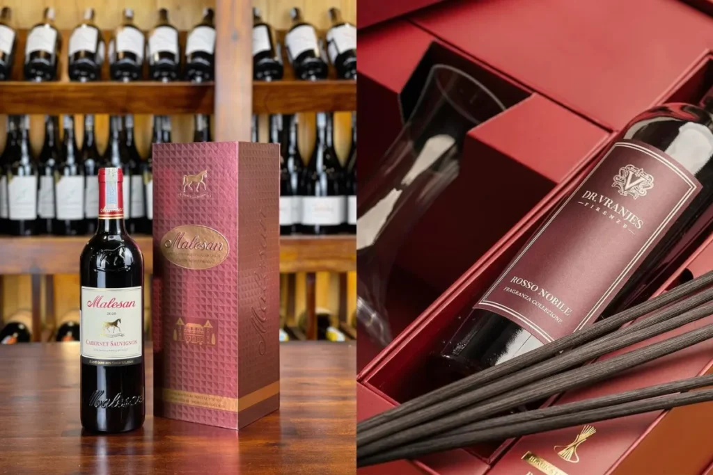 Set rượu cao cấp với chai vang và hộp đựng sang trọng, tạo điểm nhấn tinh tế cho bàn tiếp khách.