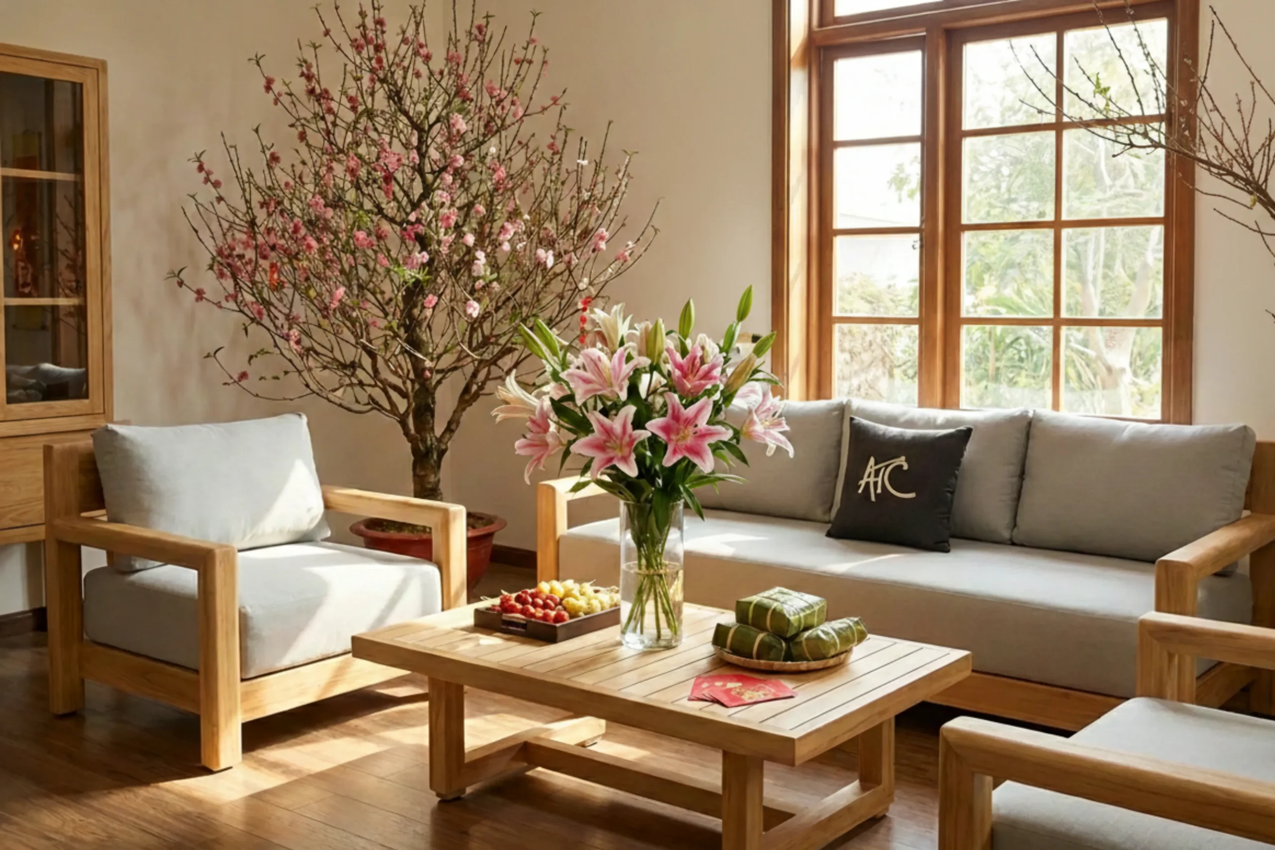 Bộ sofa gỗ trong phòng khách ngày Tết, trang trí cành đào và bình hoa ly trên bàn trà.