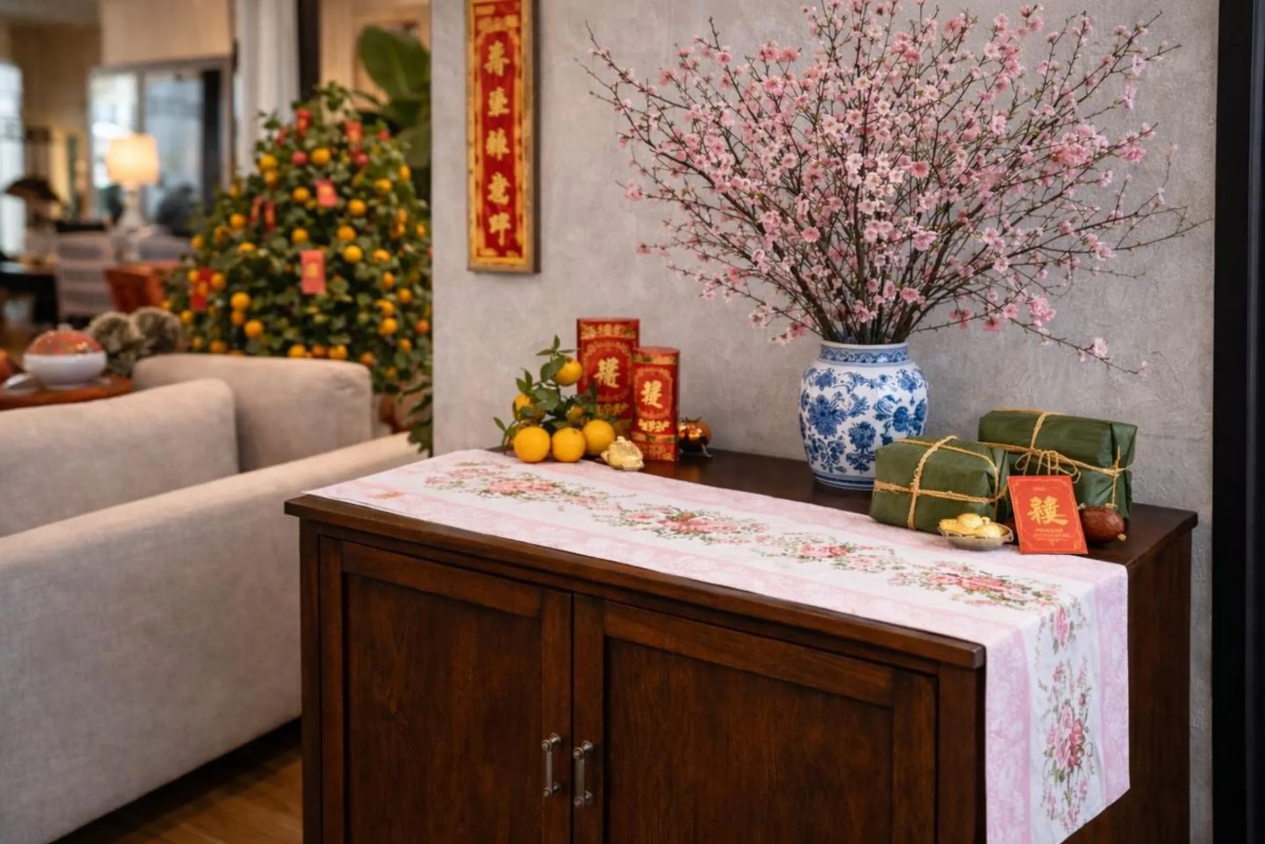 Chậu đào nở rộ được trang trí góc phòng, ngập tràn không khí mùa xuân.