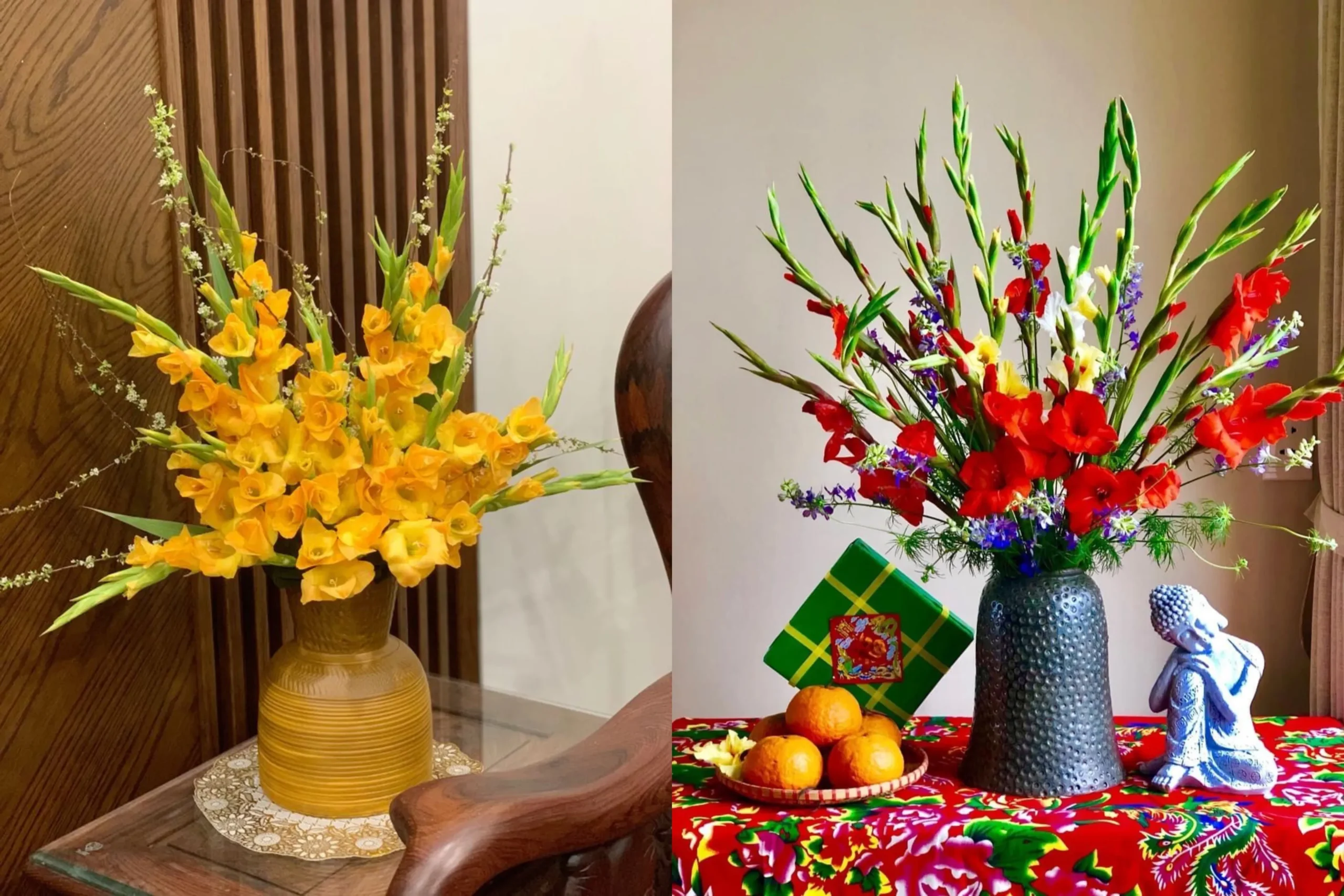 Bình hoa lay ơn chưng Tết đặt trên bàn, sắc hoa nổi bật trong không gian trong nhà.