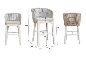 Ghế quầy bar mây nhựa có tựa lưng, khung gỗ sáng màu, kèm nệm ngồi, hiển thị kích thước chi tiết từ nhiều góc nhìn.