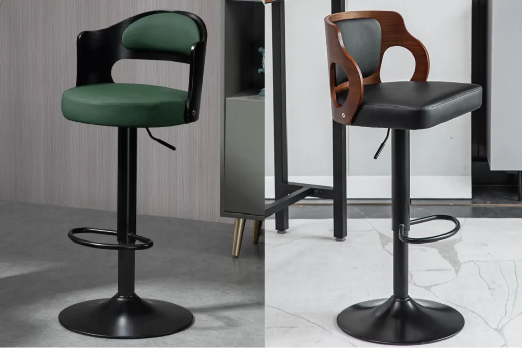 Ghế quầy bar nâng hạ chiều cao với chân trụ kim loại, mặt ghế bọc nệm và tay gạt điều chỉnh, thiết kế hiện đại đặt trong không gian trong nhà.