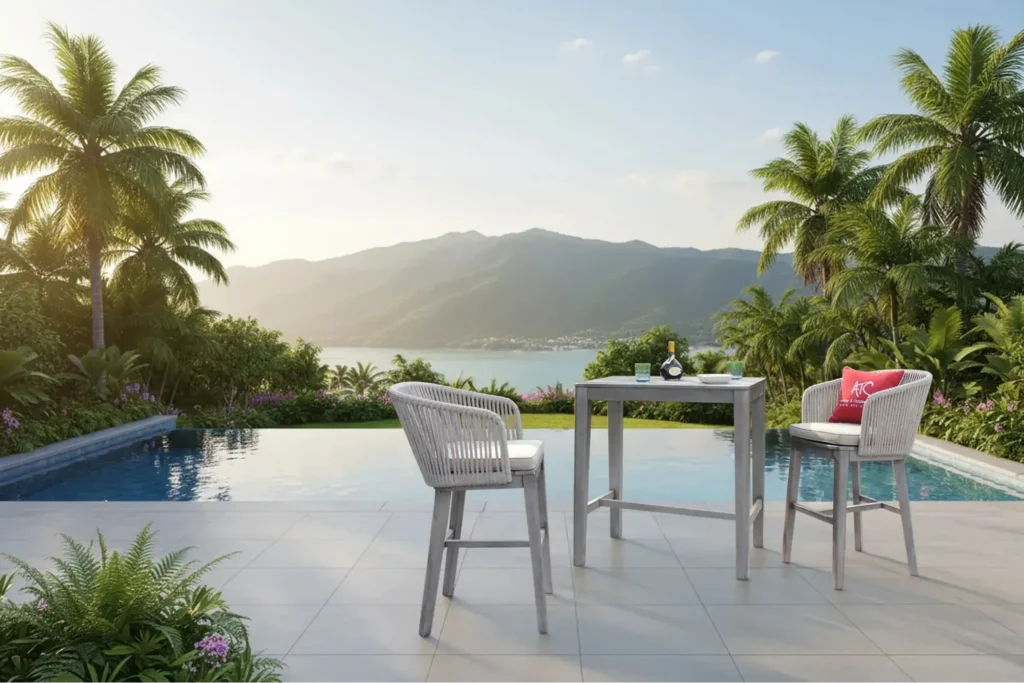 Ghế quầy bar gỗ tự nhiên đặt ngoài trời bên hồ bơi, kết hợp bàn cao, khung gỗ sáng màu và không gian cây xanh nhiệt đới.