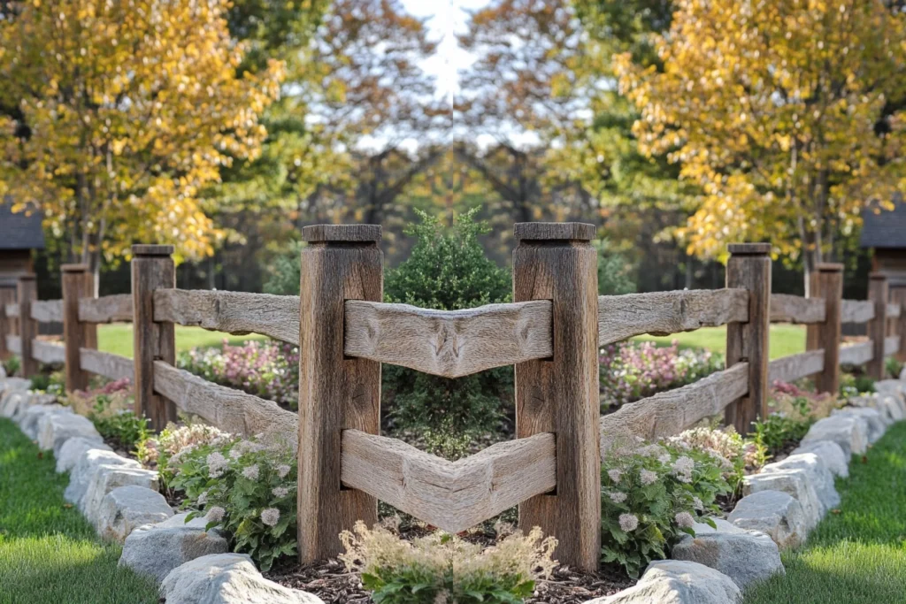 Những mẫu hàng rào sân vườn đẹp và độc đáo cho nhà biệt thự 11 Hàng rào sân vườn bằng gỗ bao quanh lối đi và bồn cây xanh.