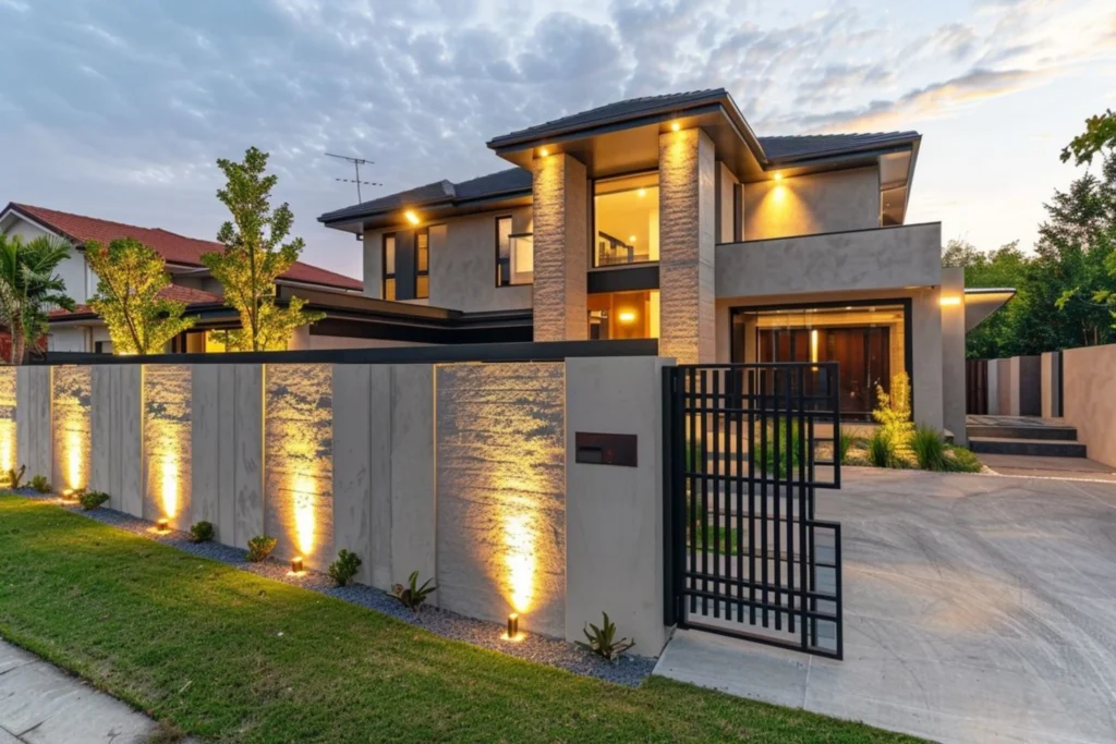 Những mẫu hàng rào sân vườn đẹp và độc đáo cho nhà biệt thự 5 Hàng rào bê tông và cổng kim loại trước nhà biệt thự hiện đại.