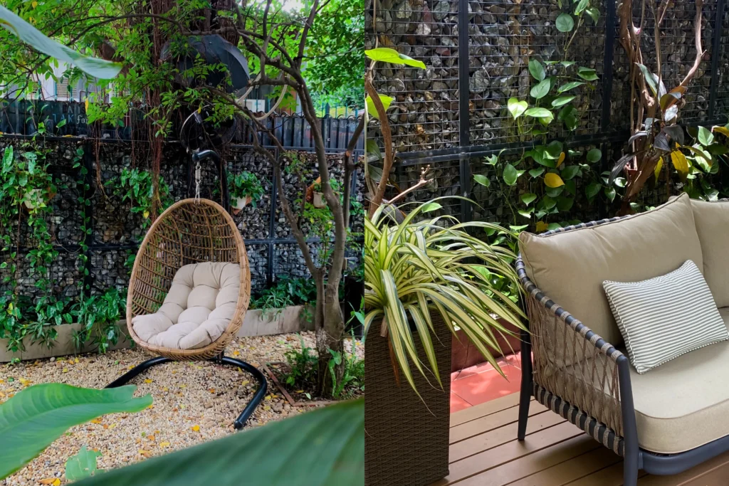 Những mẫu hàng rào sân vườn đẹp và độc đáo cho nhà biệt thự 8 Hàng rào từ đá và sắt kết hợp cùng ngoại thất ngoài trời tạo sự thư giãn.