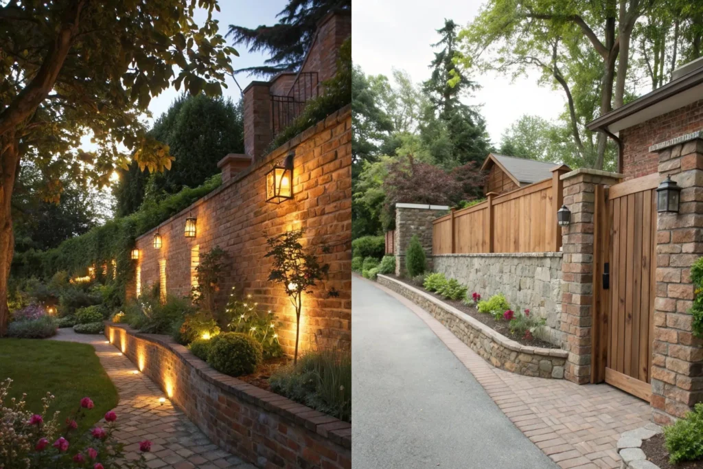 Những mẫu hàng rào sân vườn đẹp và độc đáo cho nhà biệt thự 9 Hàng rào sân vườn bằng gạch và gỗ bố trí dọc lối đi ngoài trời.