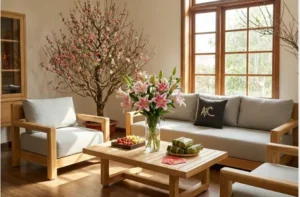 Bộ sofa gỗ trong phòng khách ngày Tết, trang trí cành đào và bình hoa ly trên bàn trà.
