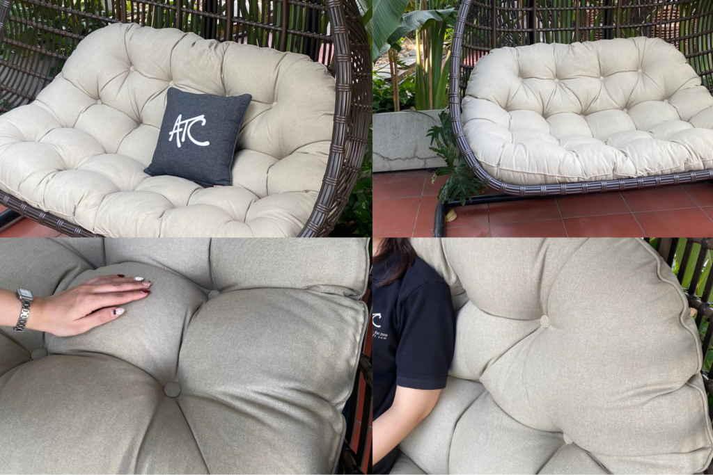 Ghế lười đan mây với đệm dày, bề mặt êm ái và chi tiết nút rút, phù hợp cho sinh hoạt và thư giãn hằng ngày.