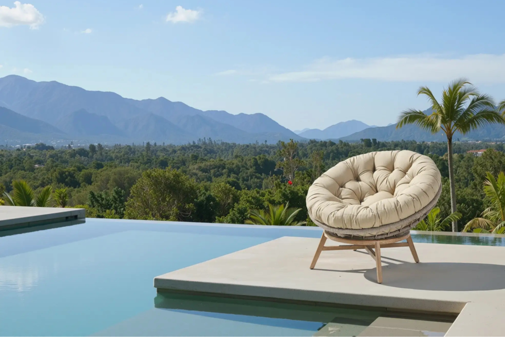 Ghế lười papasan đệm dày đặt cạnh hồ bơi, phía sau là không gian núi đồi và cây xanh mở rộng.