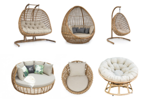 Các mẫu ghế lười và ghế thư giãn đan mây gồm ghế treo, ghế papasan và ghế tròn đệm dày với nhiều kiểu dáng khác nhau.