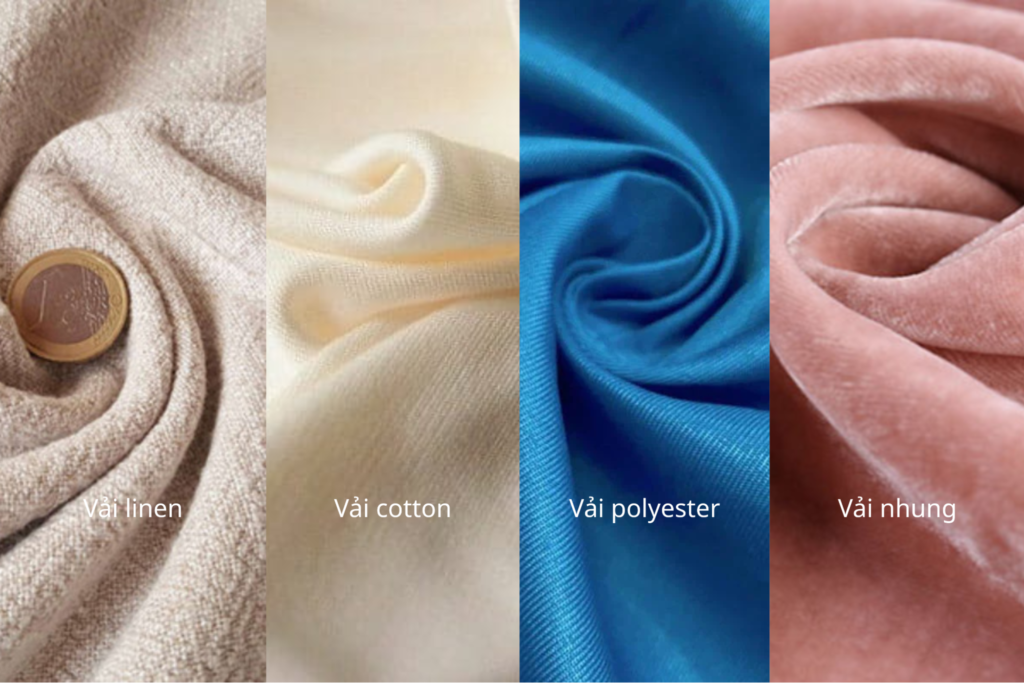 Các loại vải bọc ghế lười phổ biến gồm vải linen, vải cotton, vải polyester và vải nhung với màu sắc và bề mặt khác nhau.