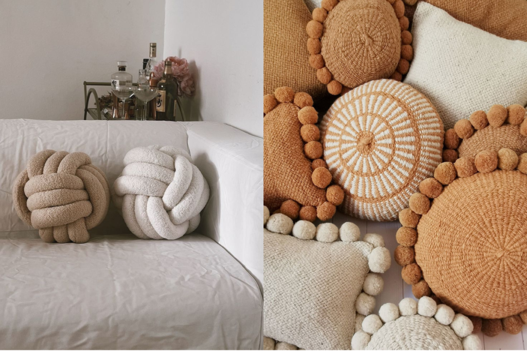 Các mẫu gối tròn decor dạng thắt nút và gối tròn len móc nhiều kích cỡ trang trí sofa.
