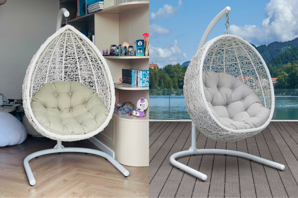 Ghế lười treo khung mây đặt trong phòng ngủ và góc nghỉ riêng, thiết kế dạng tổ ôm trọn với đệm dày êm ái.