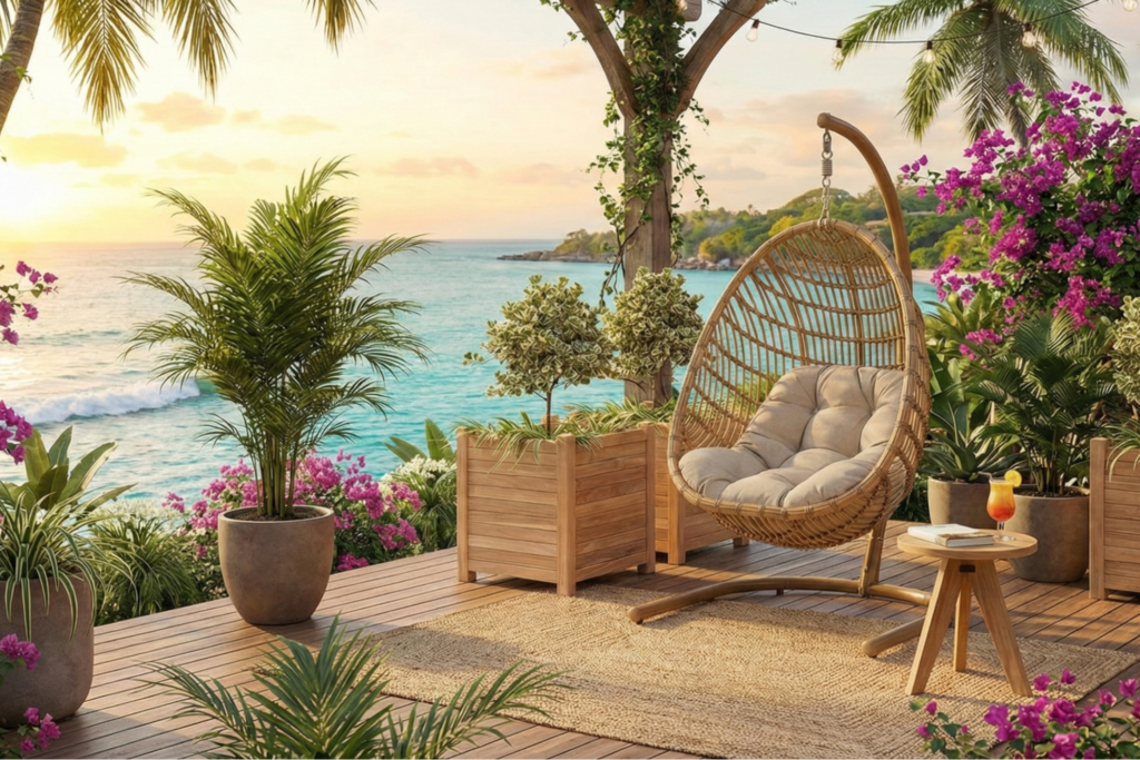 Ghế lười đan mây đặt ngoài trời, xung quanh là cây xanh và hoa, tạo không gian nghỉ ngơi chậm rãi bên thiên nhiên.