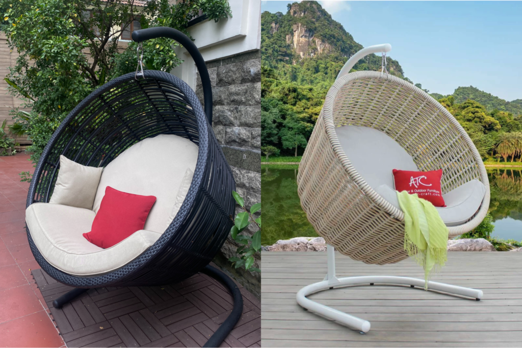 Các mẫu ghế thư giãn dạng tổ chim đan mây trong không gian sân vườn.