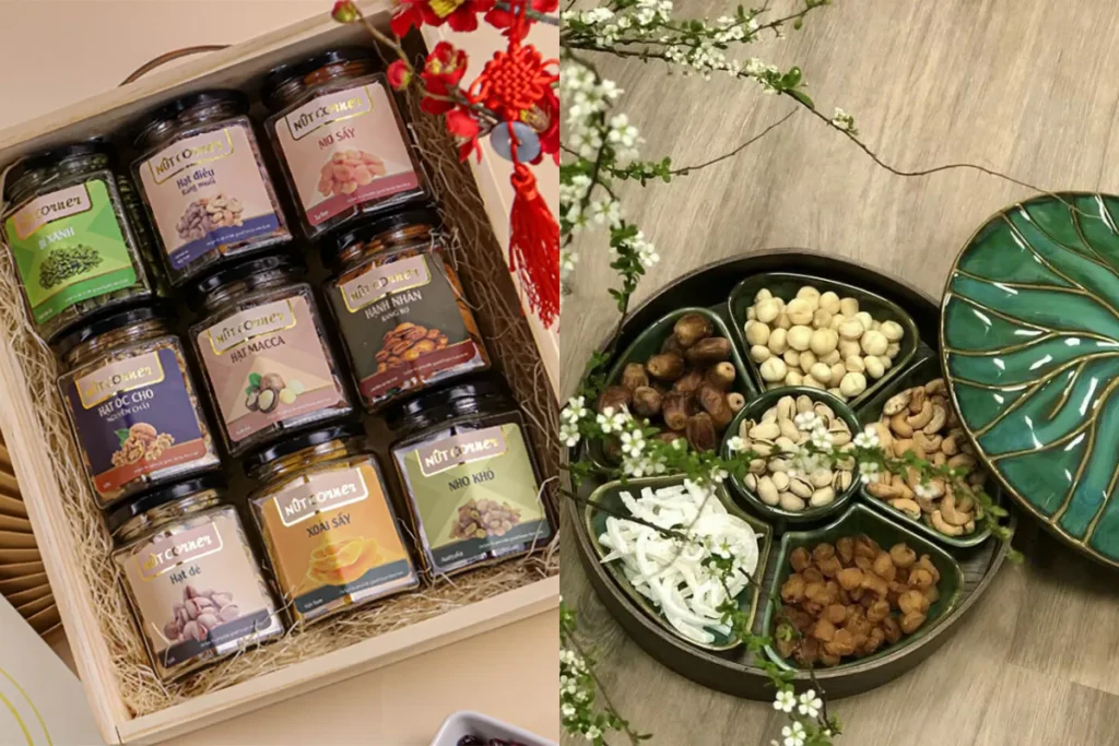 Combo mứt Tết ít đường và các loại hạt dinh dưỡng được đóng gói gọn gàng, phù hợp xu hướng ăn uống lành mạnh năm 2026