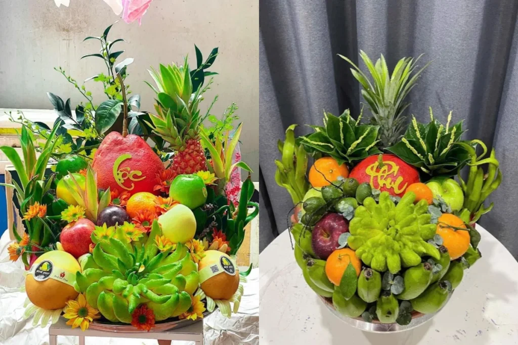 Mâm ngũ quả ngày Tết với chuối, cam, quýt, xoài và mãng cầu, tượng trưng cho sự đủ đầy và sung túc đầu năm