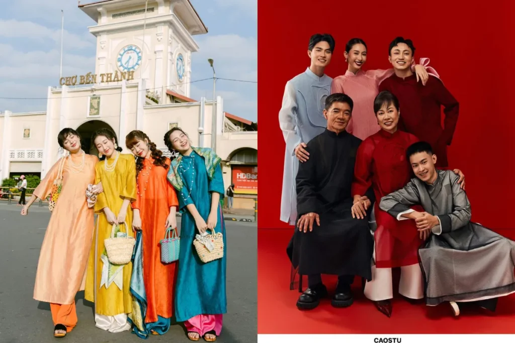 Gia đình và bạn bè diện trang phục Tết truyền thống trong không khí du xuân, thể hiện nét đẹp sum vầy ngày đầu năm