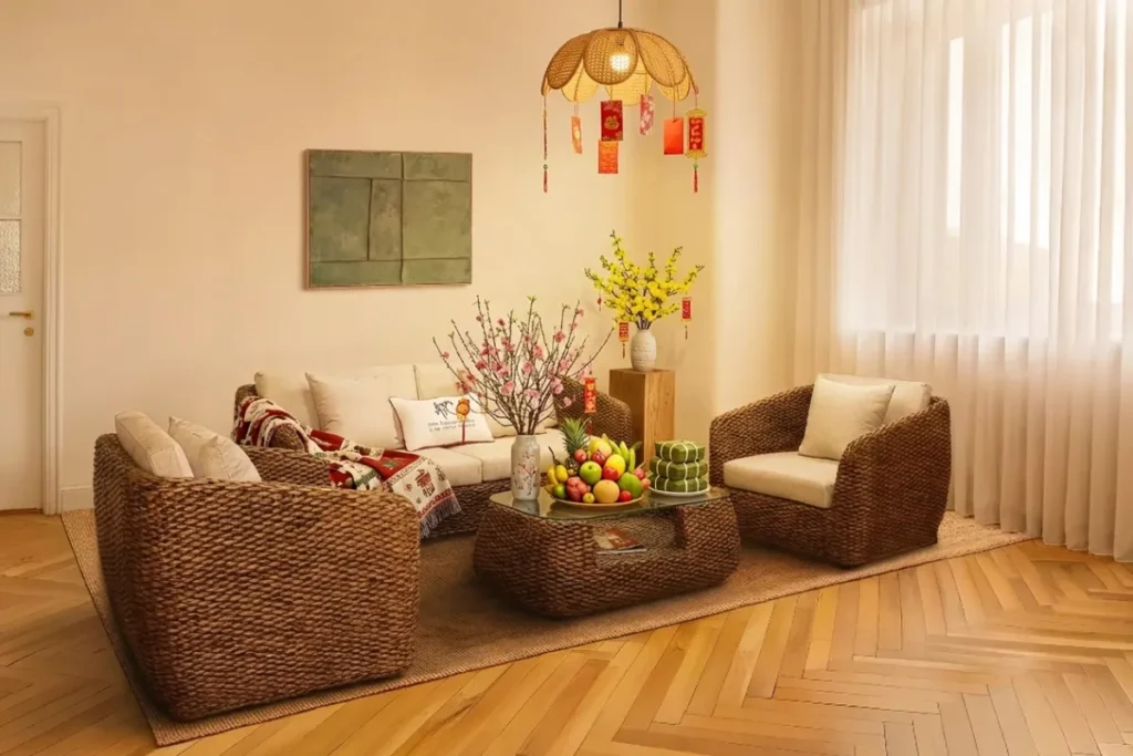 Không gian tiếp khách dịp Tết với bộ sofa và vật dụng trang trí vừa đủ, phản ánh xu hướng mua sắm có kế hoạch năm 2026