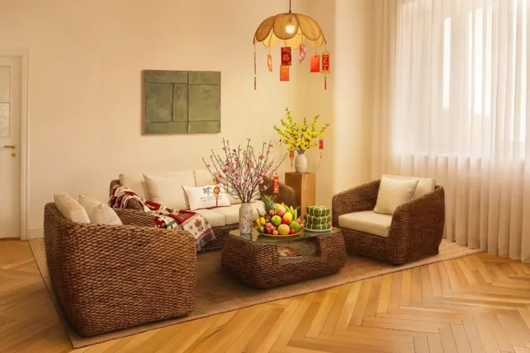 Không gian tiếp khách dịp Tết với bộ sofa và vật dụng trang trí vừa đủ, phản ánh xu hướng mua sắm có kế hoạch năm 2026