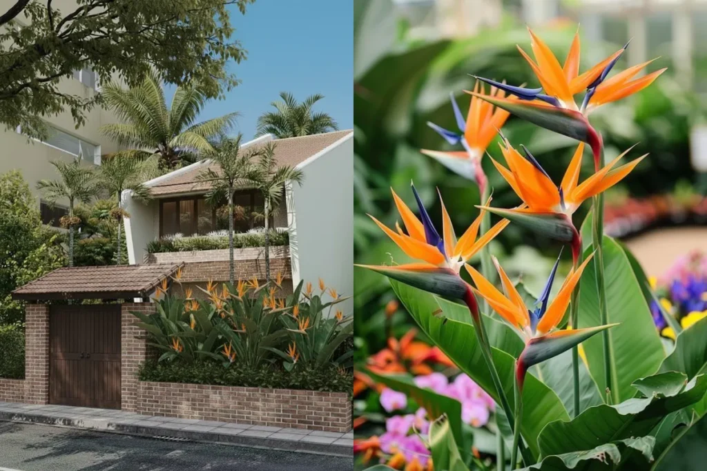 Top 10+ Cây Trang Trí Bồn Hoa Trước Nhà Đẹp, Dễ Chăm Và Hút Tài Lộc 10 Hoa thiên điểu màu cam vàng mọc thành cụm trong bồn hoa trước nhà, lá xanh lớn và dáng cây vươn cao