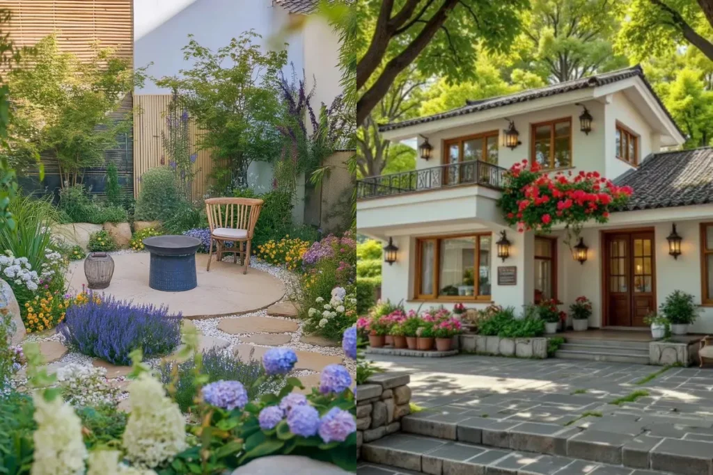 Top 10+ Cây Trang Trí Bồn Hoa Trước Nhà Đẹp, Dễ Chăm Và Hút Tài Lộc 5 Bồn hoa sân vườn bố trí theo phong cách tự nhiên với lối đi đá và góc ngồi nhỏ, kết hợp hoa màu nhẹ quanh nhà