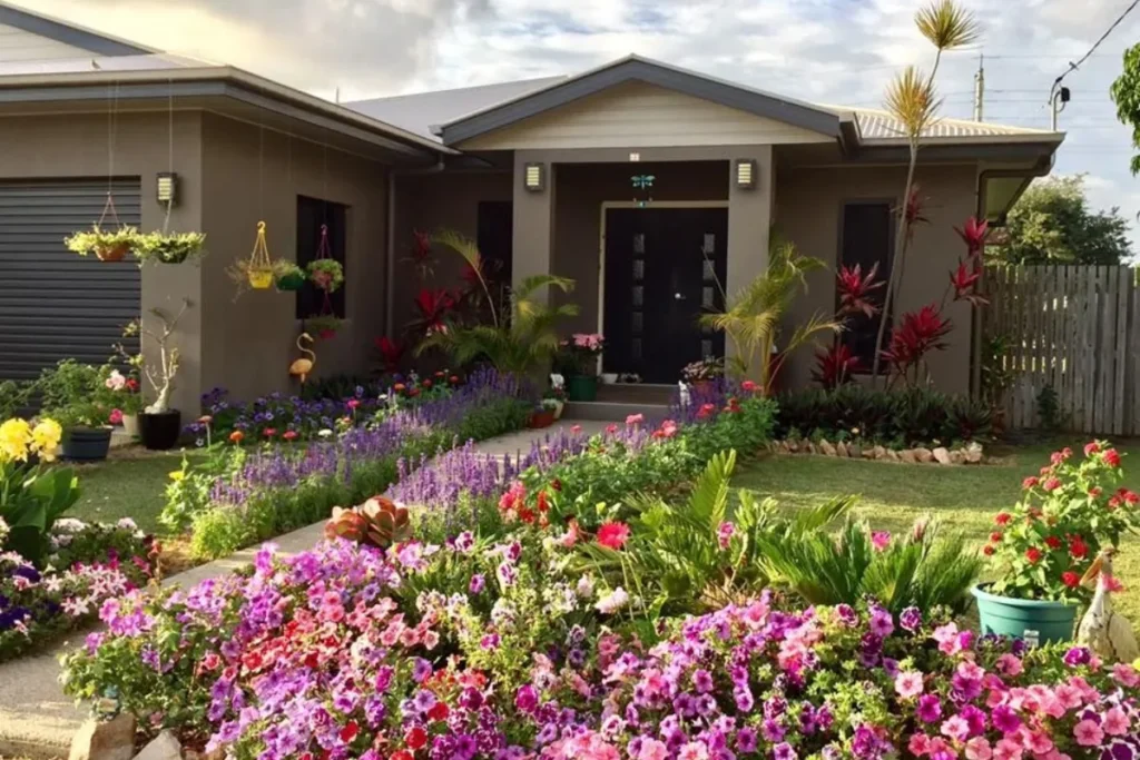 Top 10+ Cây Trang Trí Bồn Hoa Trước Nhà Đẹp, Dễ Chăm Và Hút Tài Lộc 1 Trang trí bồn hoa trước nhà rực rỡ hoa nhiều màu dọc lối đi, kết hợp cây xanh tạo mặt tiền tươi sáng và sinh động