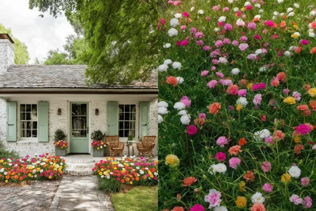 Top 10+ Cây Trang Trí Bồn Hoa Trước Nhà Đẹp, Dễ Chăm Và Hút Tài Lộc 8 Bồn hoa trước nhà trồng hoa mười giờ nhiều màu nở dày, tạo mảng màu rực rỡ quanh lối vào