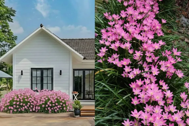 Bồn hoa trước nhà trồng hoa huệ mưa màu hồng nhạt nở đều thành thảm trước mặt tiền ngôi nhà