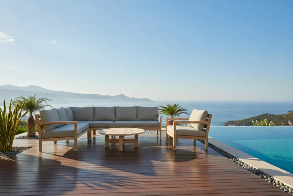 Bộ bàn ghế gỗ ngoài trời OHIO bằng gỗ teak đặt tại villa ven biển.