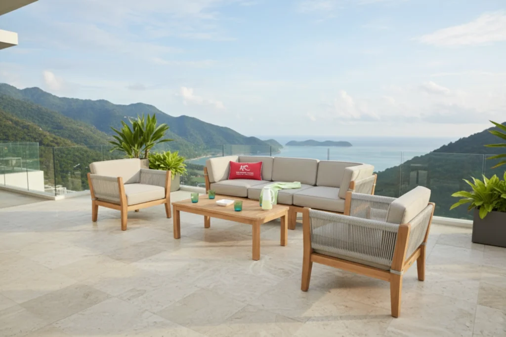 Bộ bàn ghế gỗ đặt trong không gian sống thanh lịch.