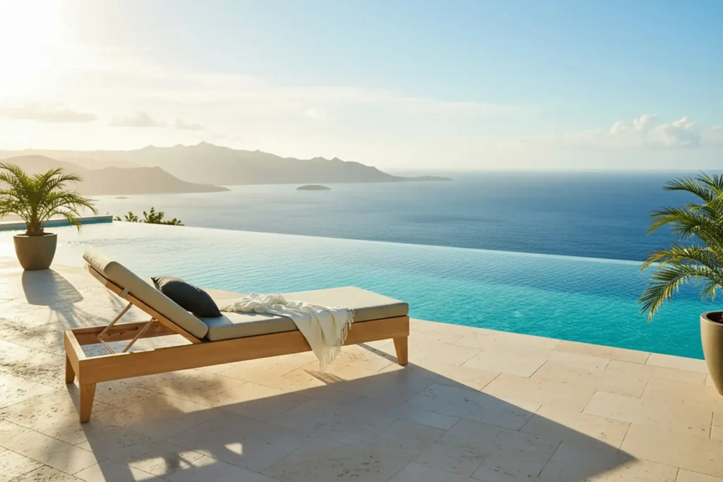 Ghế nằm gỗ teak SKYE cao cấp phù hợp hồ bơi và không gian nghỉ dưỡng.